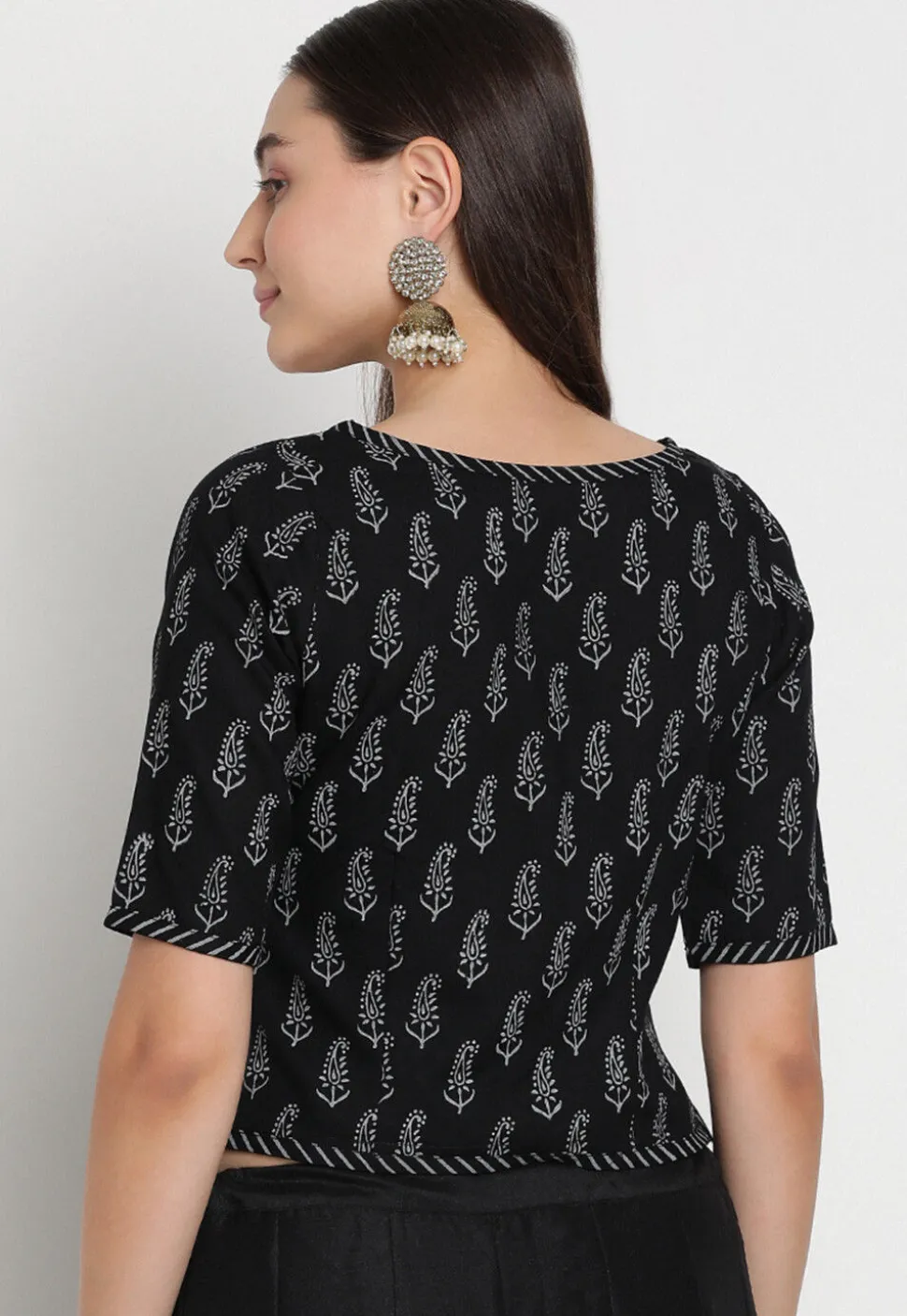 Block Printed Viscose Rayon Blouse in Black