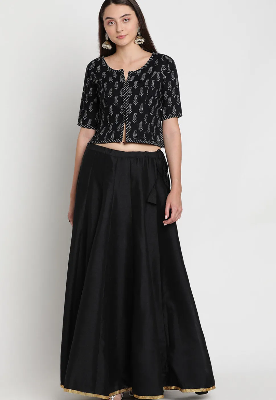 Block Printed Viscose Rayon Blouse in Black