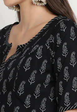 Block Printed Viscose Rayon Blouse in Black