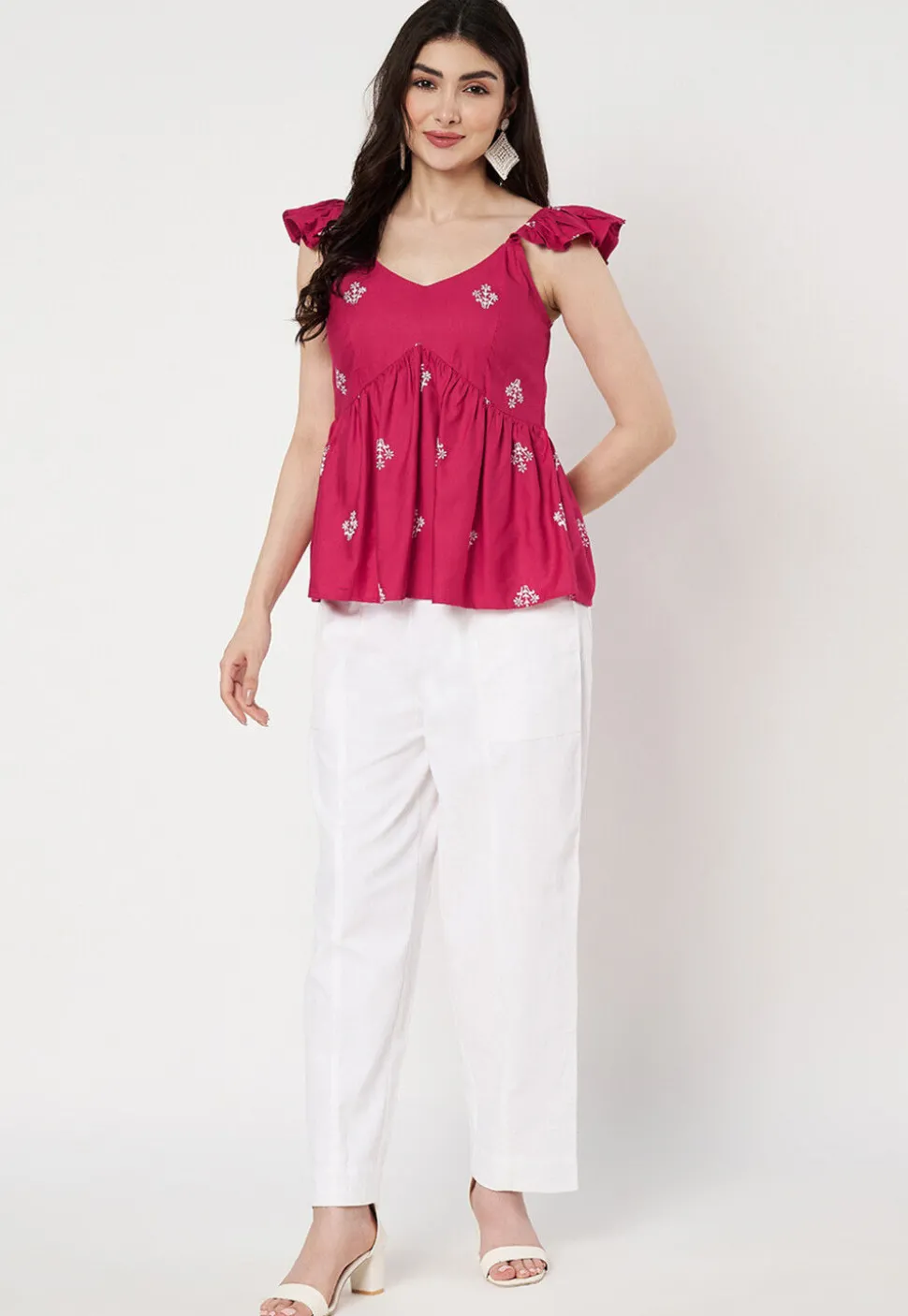Block Printed Viscose Silk Peplum Top in Fuchsia