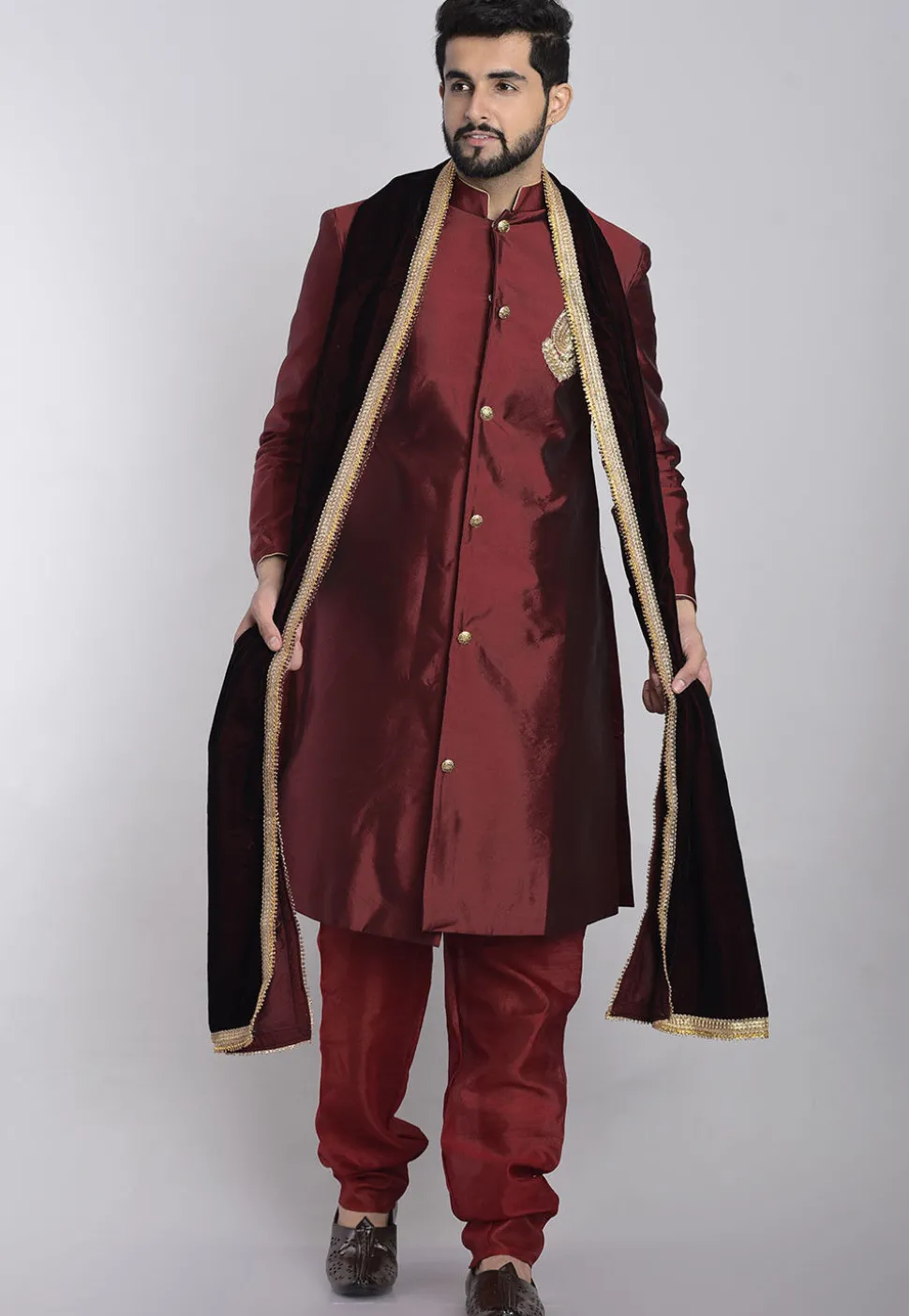 Bordered Velvet Stole in Wine