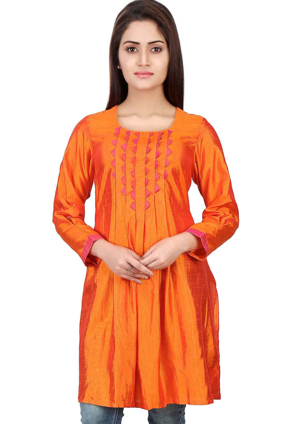 Box Pleated Art Silk Tunic in Orange