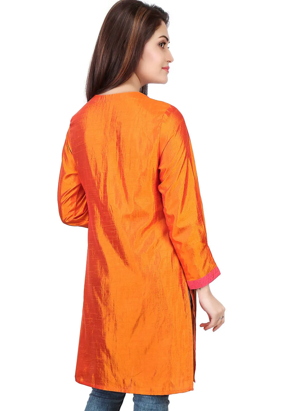 Box Pleated Art Silk Tunic in Orange