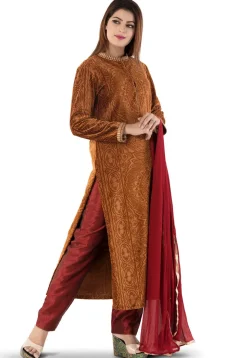 Brasso Velvet Straight Kurta in Brown