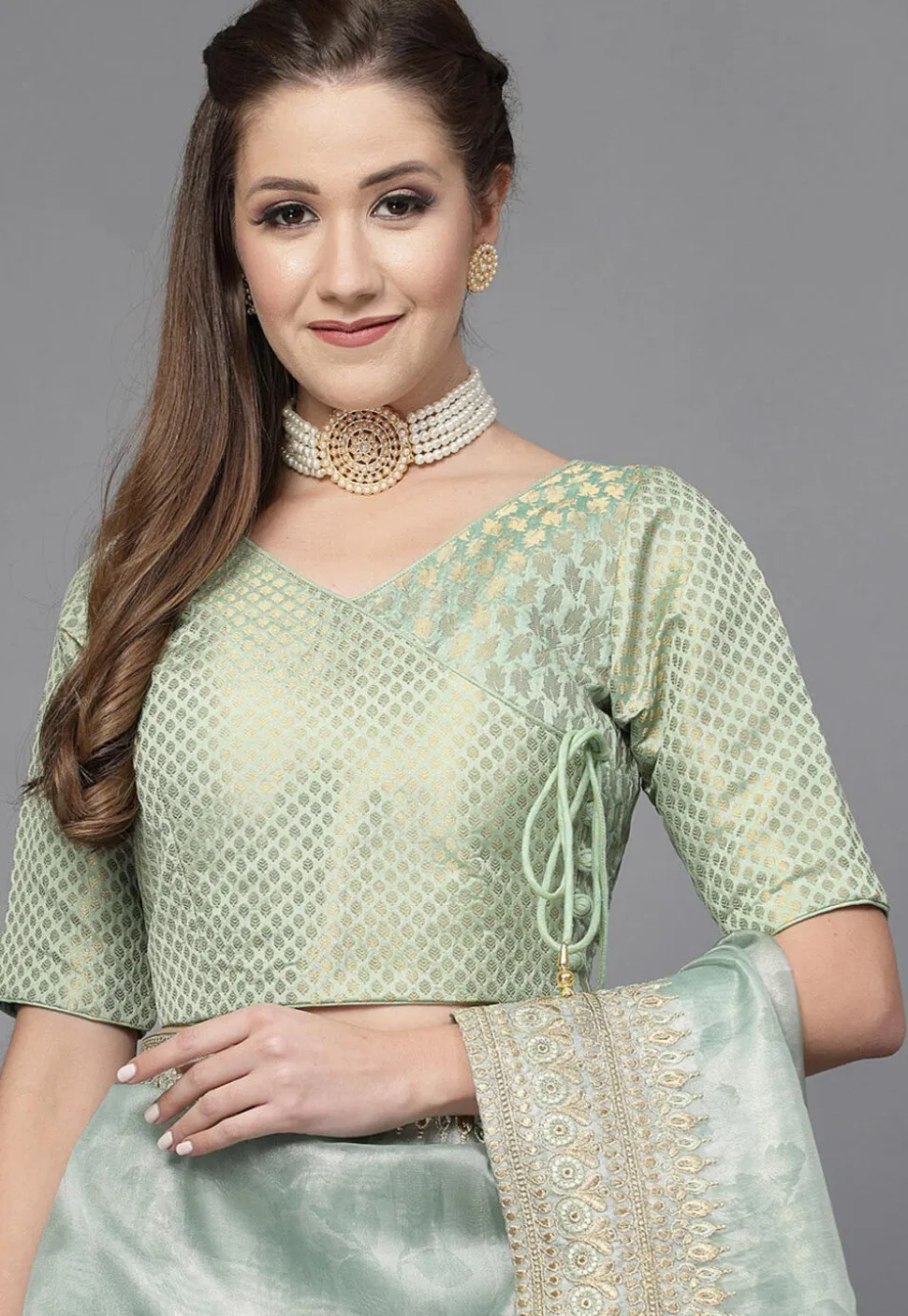 Brocade Angrakha Style Blouse in Sea Green