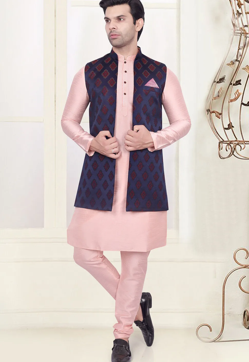 Brocade Art Brocade Silk Nehru Jacket in Navy Blue