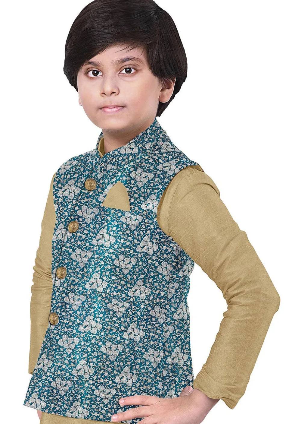 Brocade Art Brocade Silk Nehru Jacket in Teal Blue