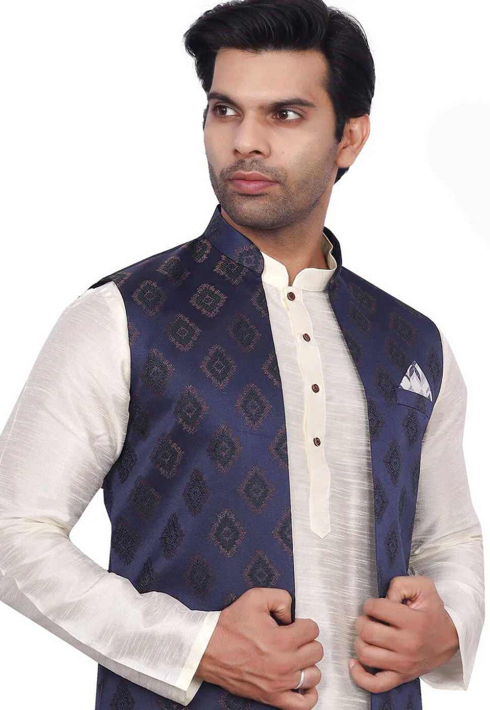 Brocade Art Brocade Silk Nehru Jacket in Navy Blue