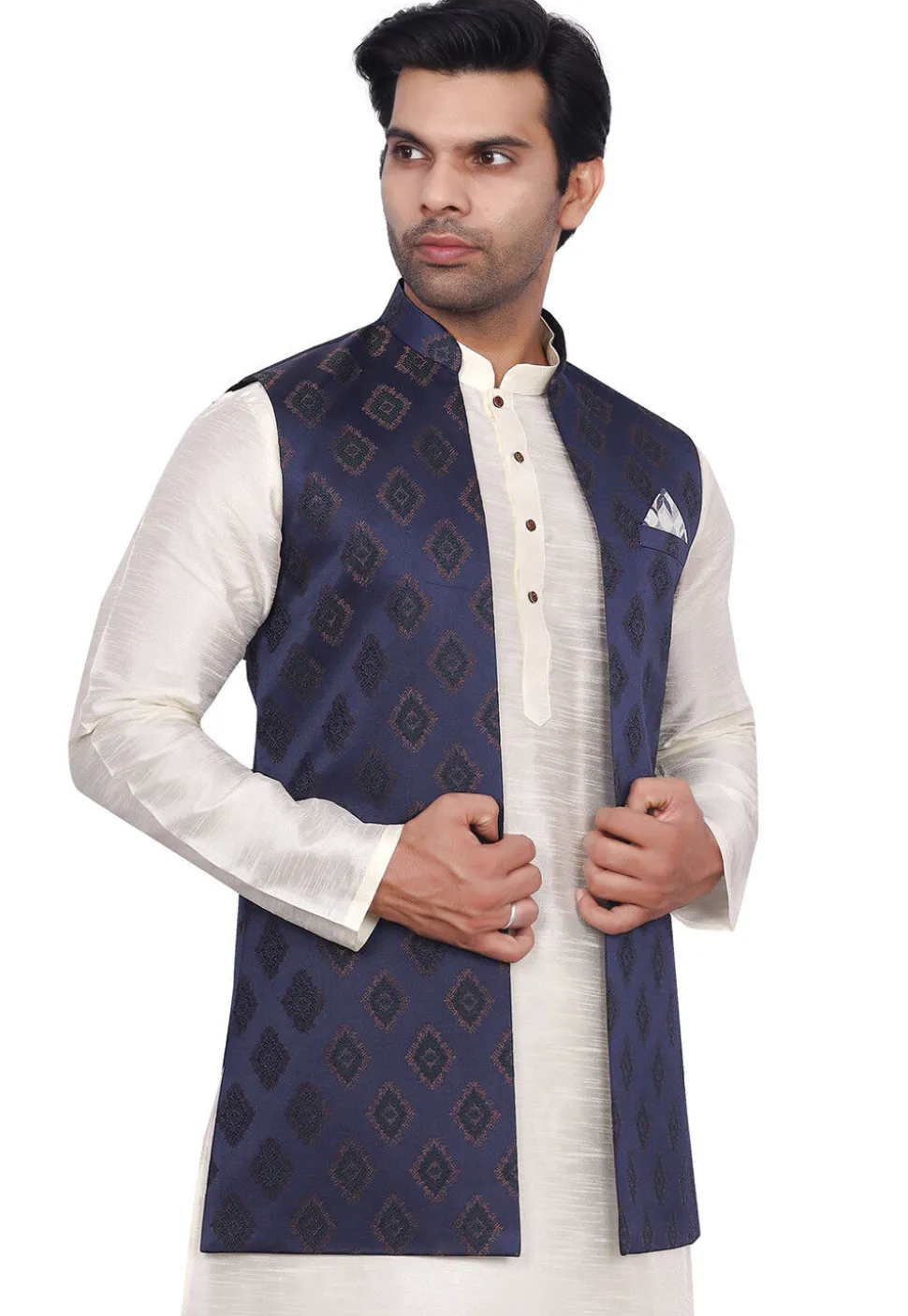 Brocade Art Brocade Silk Nehru Jacket in Navy Blue