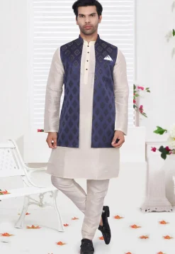 Brocade Art Brocade Silk Nehru Jacket in Navy Blue