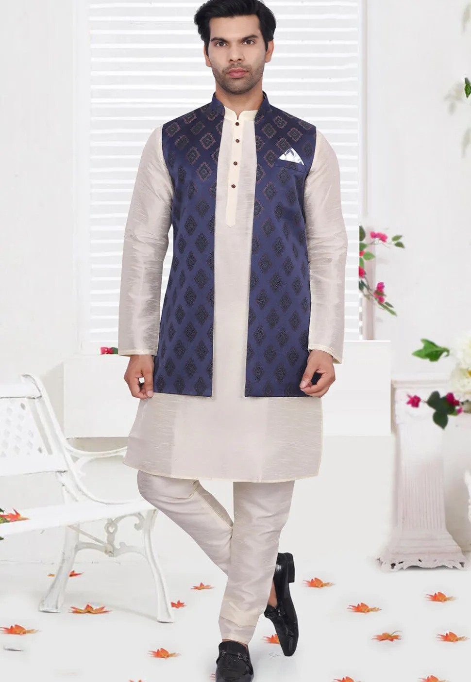 Brocade Art Brocade Silk Nehru Jacket in Navy Blue