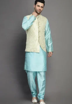 Brocade Art Silk Kurta Jacket Set in Sky Blue