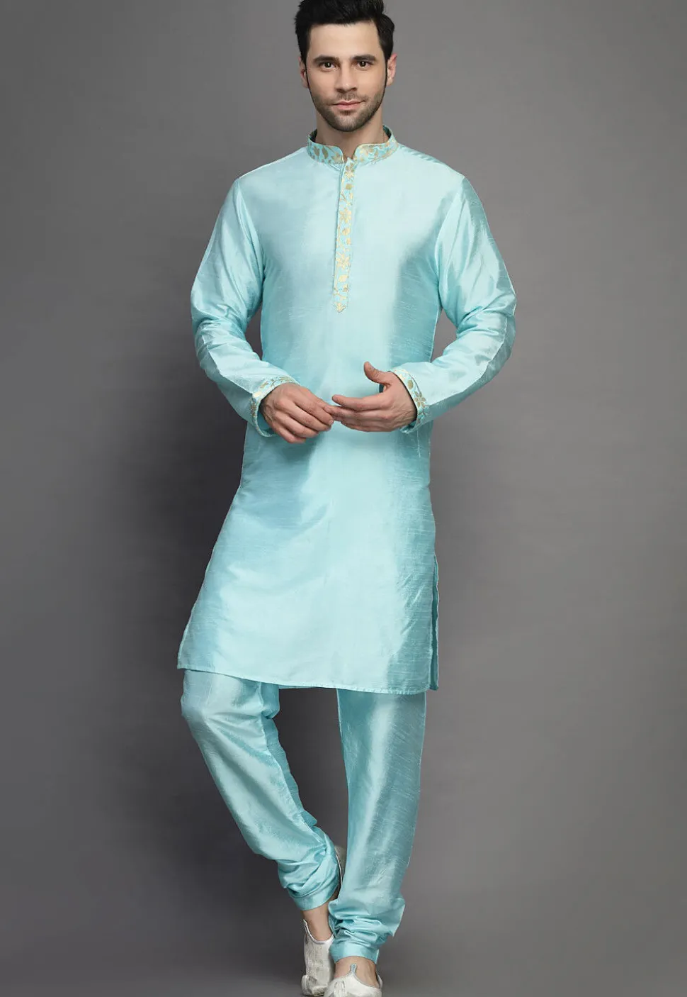 Brocade Art Silk Kurta Jacket Set in Sky Blue