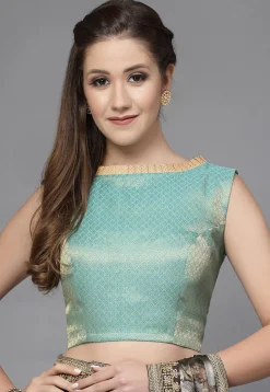 Brocade Back Tie Up Blouse in Teal Blue