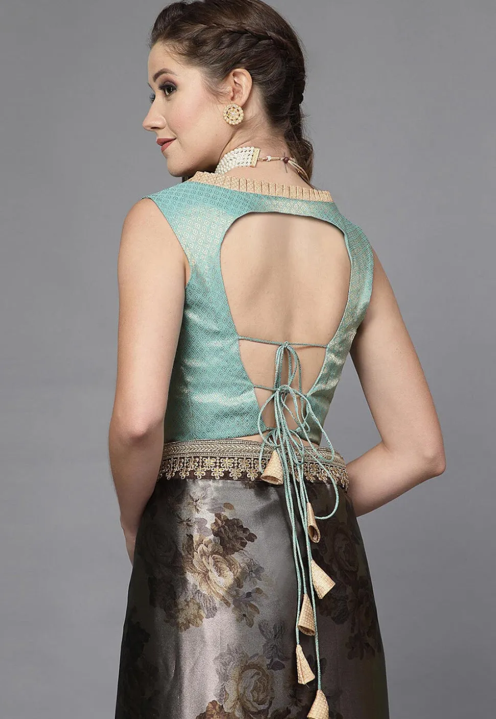 Brocade Back Tie Up Blouse in Teal Blue