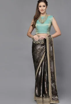 Brocade Back Tie Up Blouse in Teal Blue