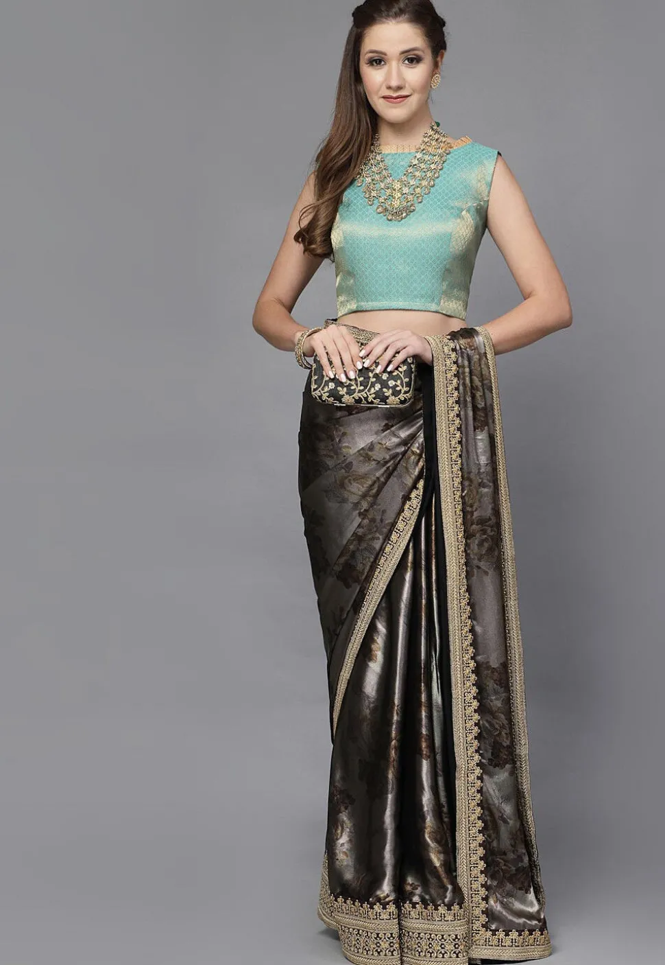 Brocade Back Tie Up Blouse in Teal Blue