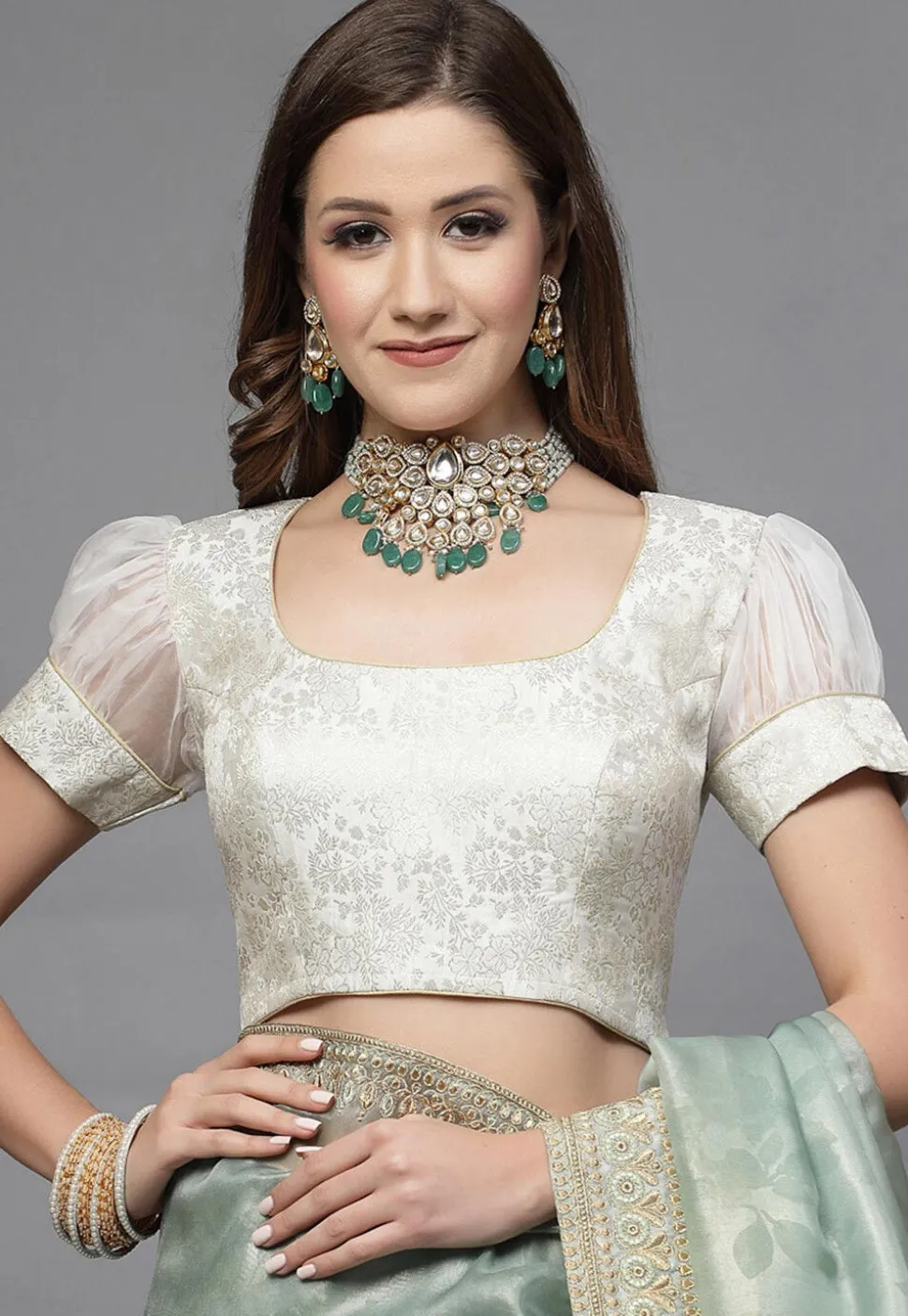 Brocade Back Tie Up Blouse in Off White