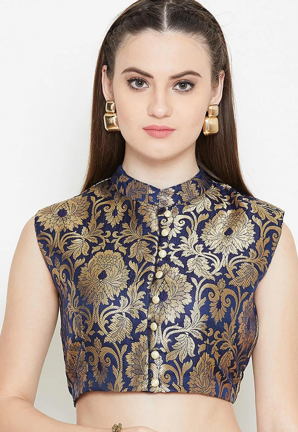 Brocade Blouse in Navy Blue