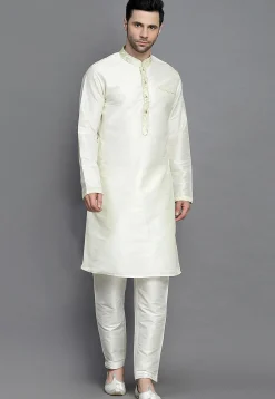Brocade Collar Art Silk Kurta Set in Cream