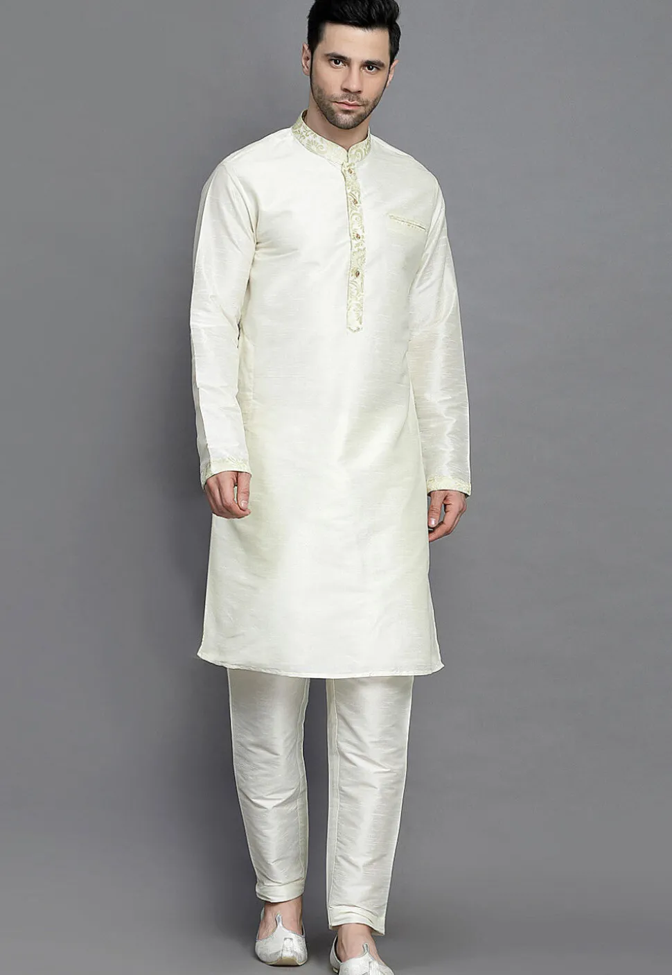 Brocade Collar Art Silk Kurta Set in Cream