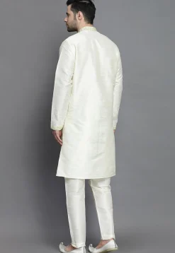 Brocade Collar Art Silk Kurta Set in Cream