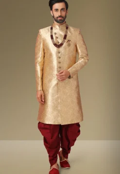 Brocade Dhoti Sherwani in Golden