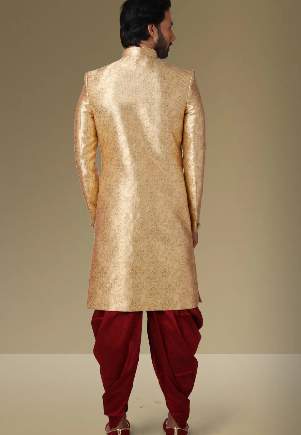 Brocade Dhoti Sherwani in Golden