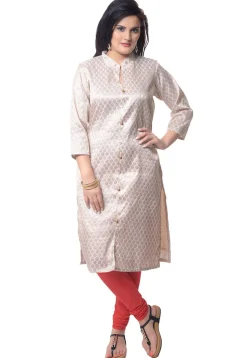 Brocade Front Slit Kurta in Light Beige