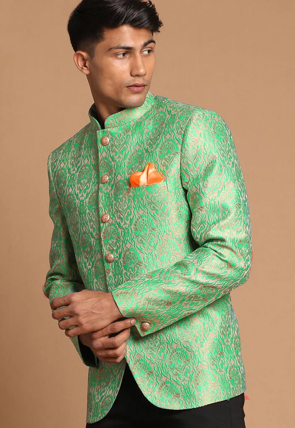 Brocade Jodhpuri Jacket in Antique and Light Blue