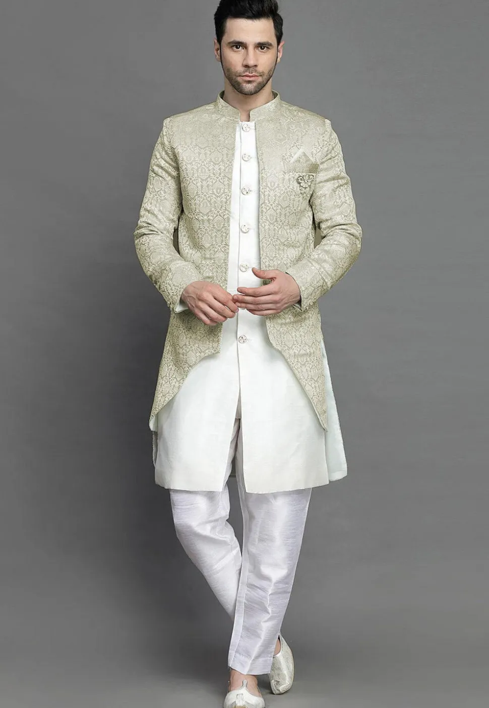 Brocade Layered Sherwani in Light Beige