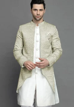 Brocade Layered Sherwani in Light Beige