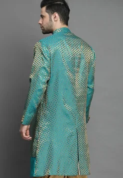 Brocade Layered Sherwani in Teal Blue