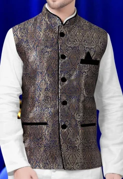 Brocade Nehru Jacket in Antique and Navy Blue