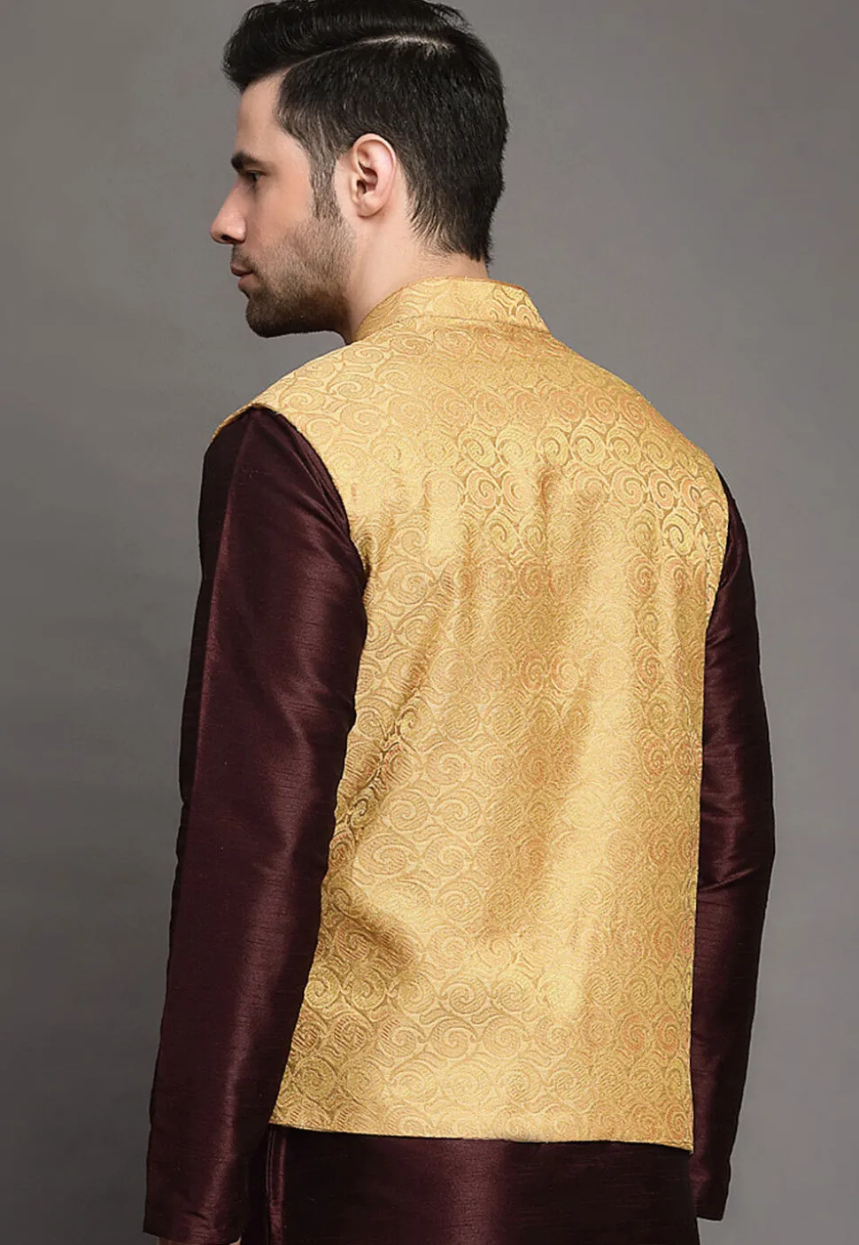 Brocade Nehru Jacket in Beige