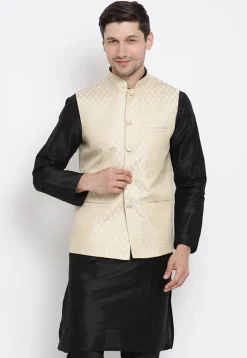 Brocade Nehru Jacket in Light Beige