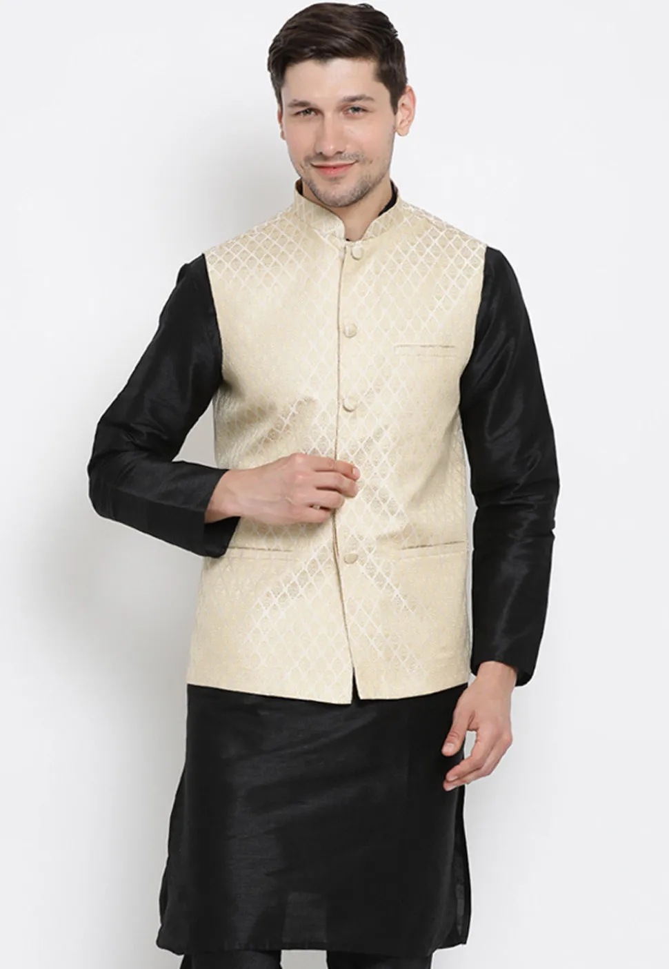 Brocade Nehru Jacket in Light Beige