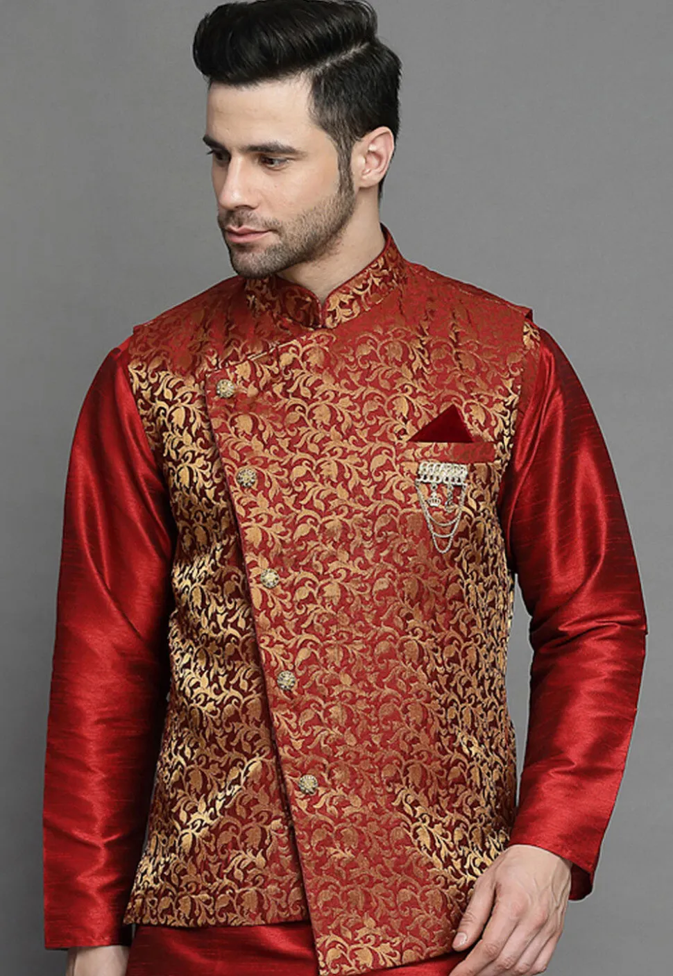 Brocade Nehru Jacket in Maroon