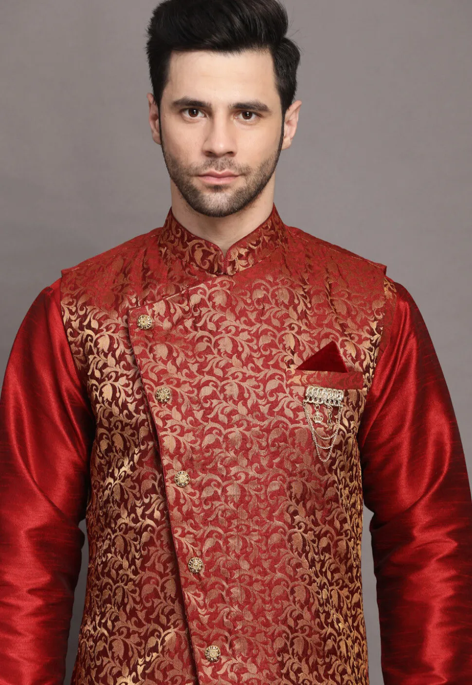 Brocade Nehru Jacket in Maroon