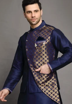 Brocade Nehru Jacket in Navy Blue
