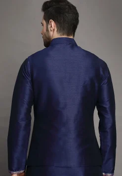 Brocade Nehru Jacket in Navy Blue