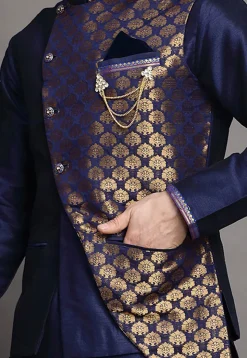Brocade Nehru Jacket in Navy Blue