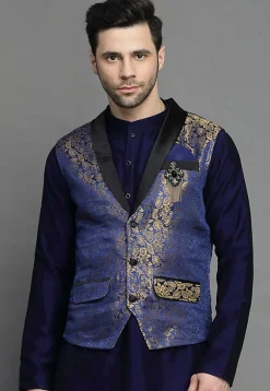 Brocade Nehru Jacket in Navy Blue
