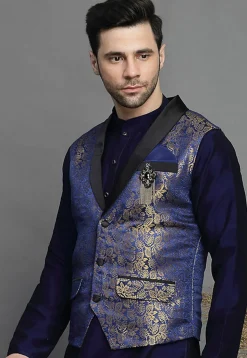 Brocade Nehru Jacket in Navy Blue