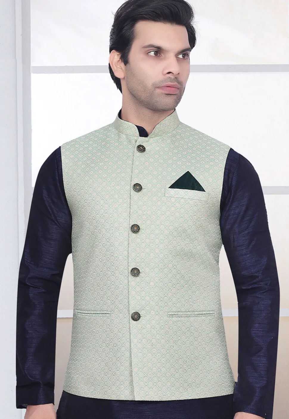 Brocade Nehru Jacket in Sea Green