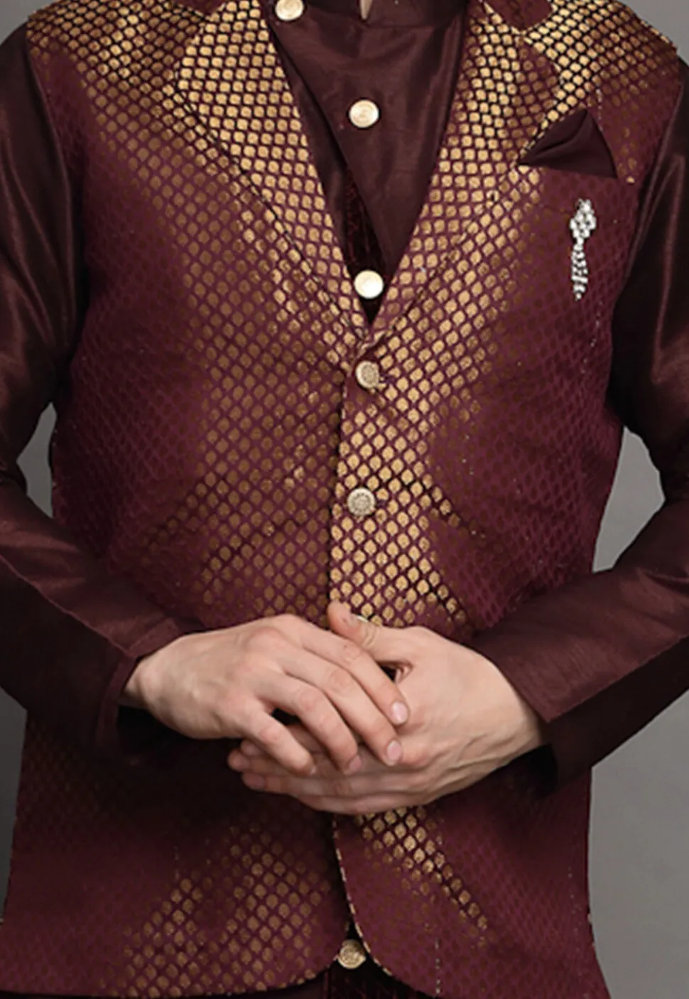 Brocade Nehru Jacket in Wine
