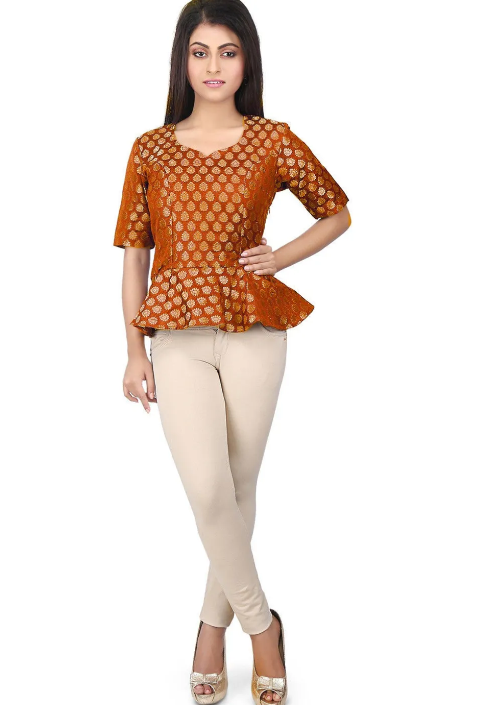 Brocade Peplum Style Top in Rust