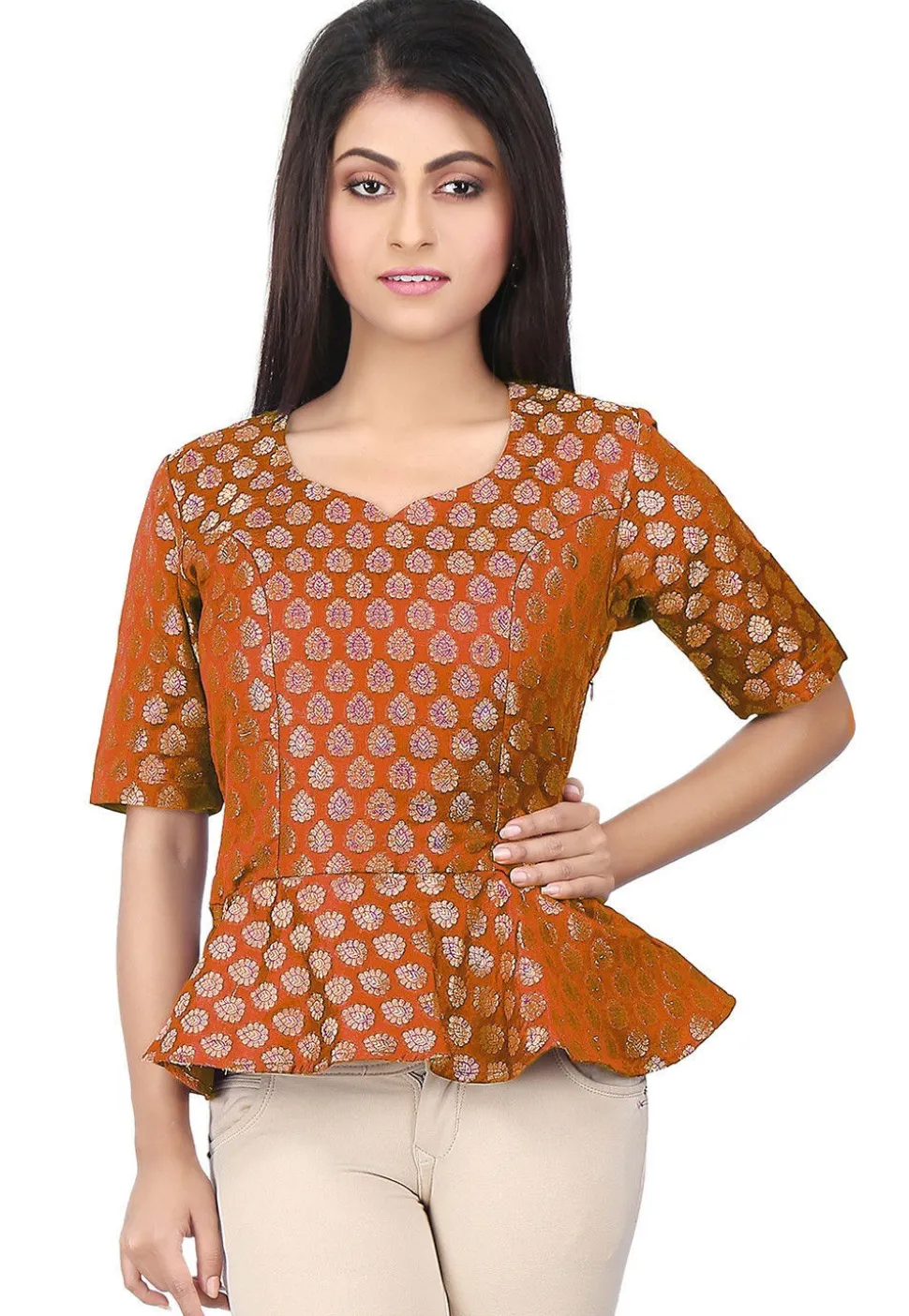Brocade Peplum Style Top in Rust