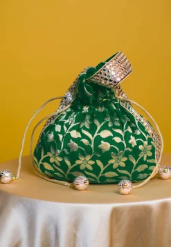 Brocade Potli Bag in Dark Green