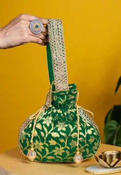 Brocade Potli Bag in Dark Green